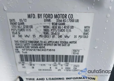 2012 Ford F-150 Fx4 from USA, damaged, VIN 1FTFW1ET8CKD73510